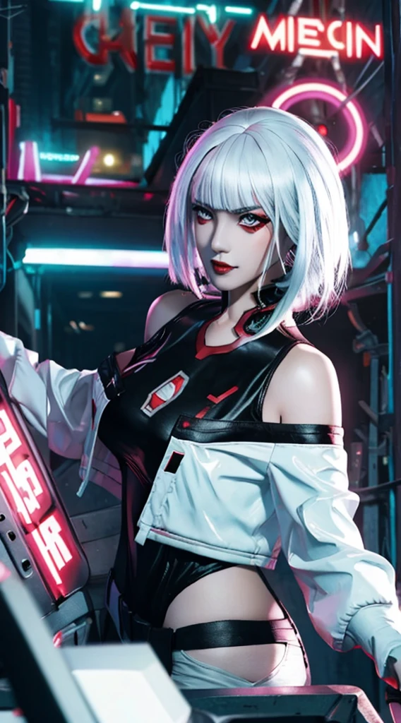 (masterpiece, best details), lucy_cyberpunk, (close up),1 sweet girl,white short hair, bangs,(medium breasts:1.5) ((red eyeliner)), ((makeup)),red lips, (white off-shouler jacket), black bodysuit, bare shoulders, white shorts, hip vent, (dynamic pose), looking at viewer, upper body,fantasy, high contrast,cityscape, neon lights, neon trim, ((cyberpunk)), (seducing expression, slight smile), low angle