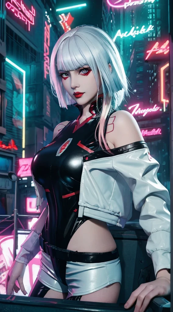 (masterpiece, best details), lucy_cyberpunk, (close up),1 sweet girl,white short hair, bangs,(medium breasts:1.5) ((red eyeliner)), ((makeup)),red lips, (white off-shouler jacket), black bodysuit, bare shoulders, white shorts, hip vent, (dynamic pose), looking at viewer, upper body,fantasy, high contrast,cityscape, neon lights, neon trim, ((cyberpunk)), (seducing expression, slight smile), low angle