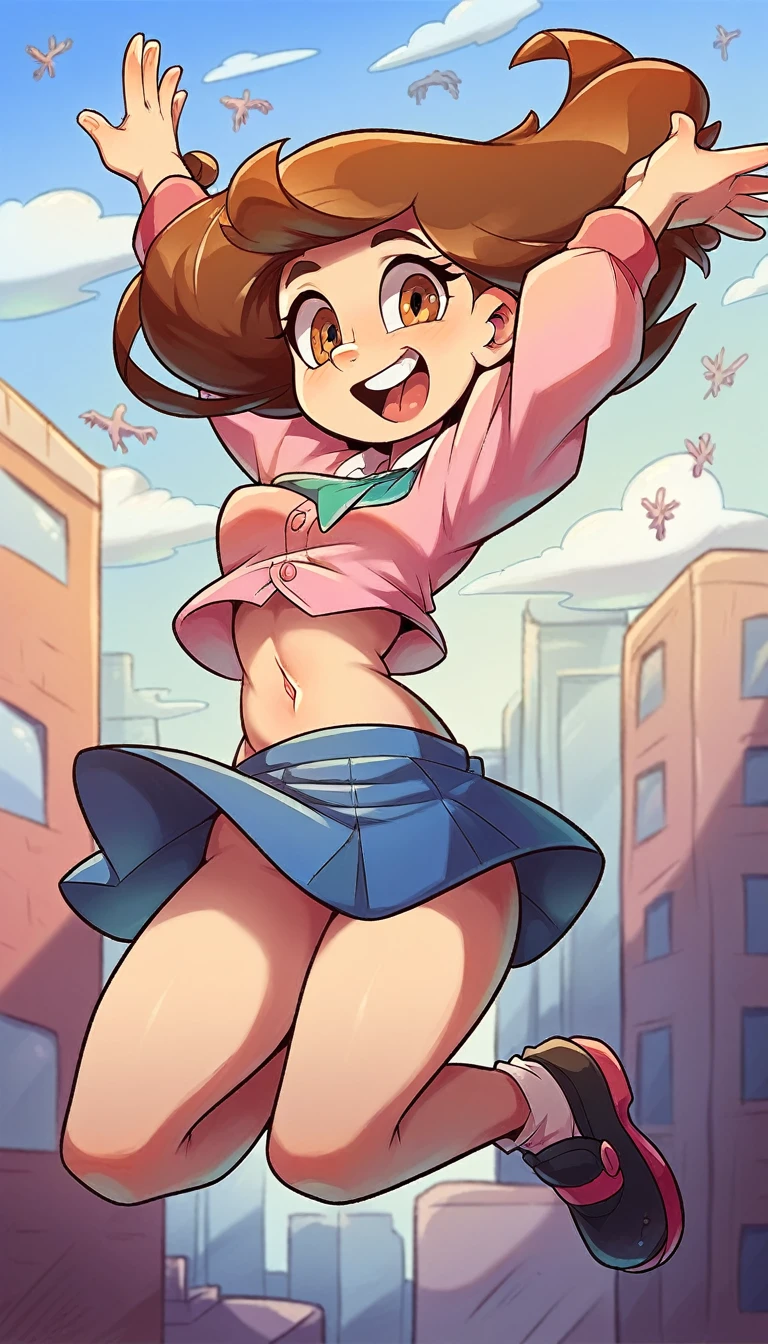 A girl with light skin, sexy, cute, leaders, long brown hair, her brown eye, wears a pink button-down blouse, shows her navel, and a short blue skirt, black shoe, and she travels, flying, sky, city background.