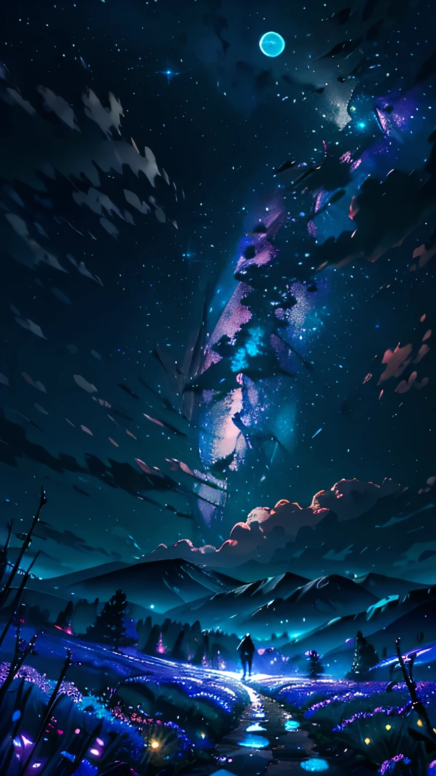 Vast landscape photography, (View from below。I can see the sky and the wilderness below.),  A lawyer standing in a flower field looking up, (full moon: 1.2), (shooting star: 0.9), (nebula: 1.3), Distant Mountain, Treebreak Production Art, (Warm light source: 1.2), (fire Fly: 1.2), lamp, Purple and Orange, Exquisite detail, Volumetric Lighting Break (masterpiece: 1.2), (Highest quality ), 4K, Super detailed, (moving composition: 1.4), Extremely detailed and colorful (Iridescent: 1.2), (Sparkling Lights, Atmospheric lighting), dream-like, Magic, (alone: 1.2)