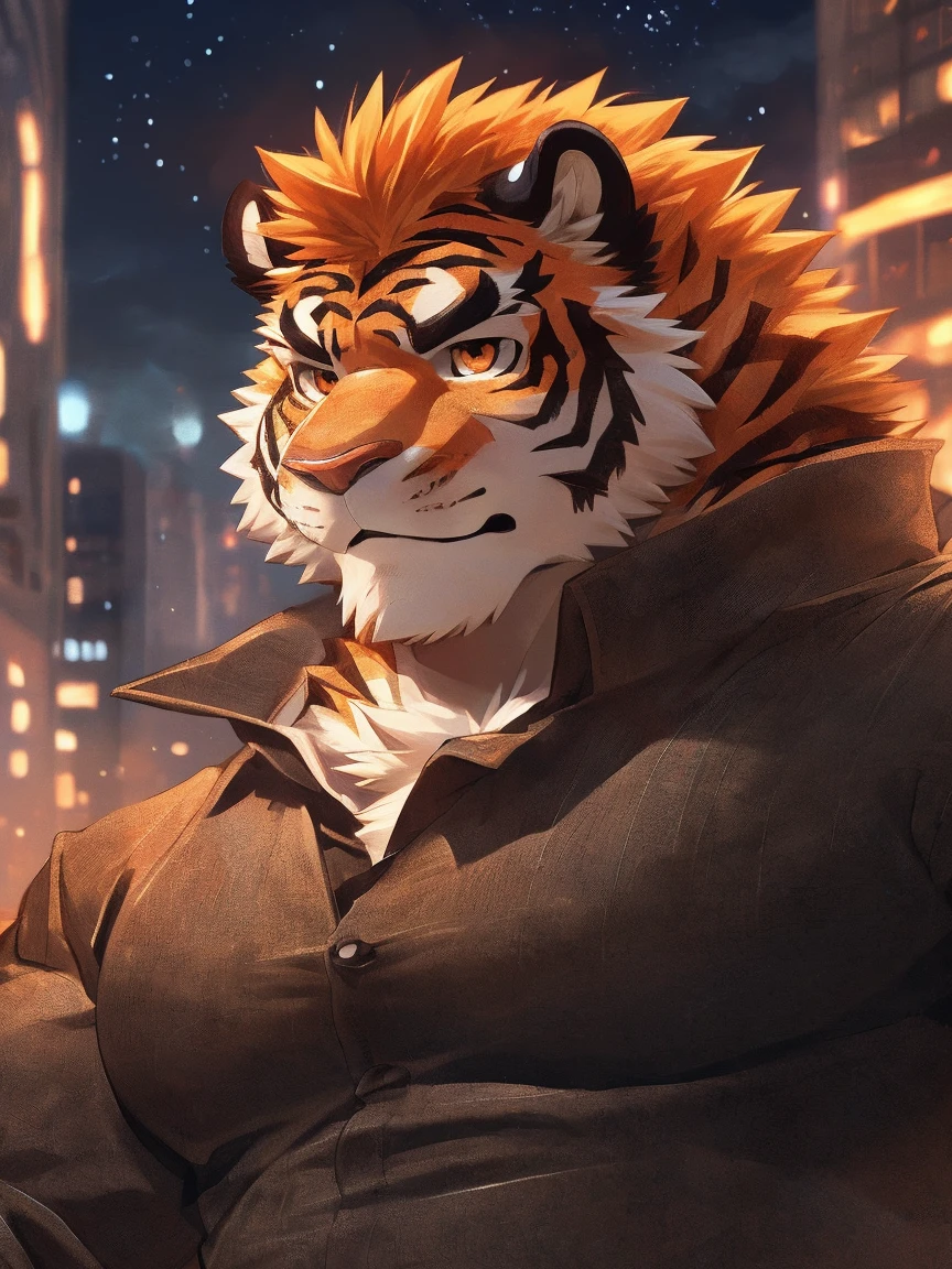 1male, animal ears, shirt, blue shirt, blue eyes, claws, furry, furry, looking at viewer, focus, muscular, open mouth, profile, scar, scar across eye, scar on face, smile, ears, tiger, tiger boy, best quality,