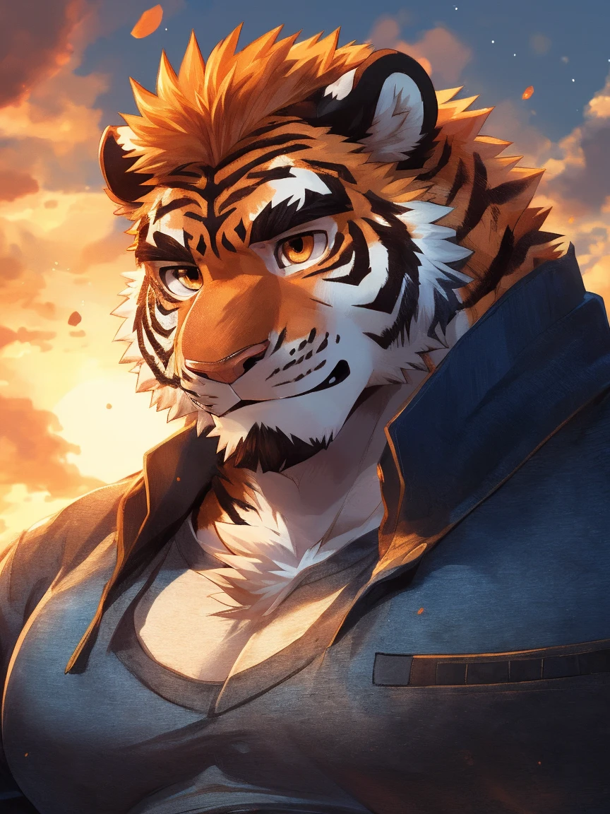 human nature, Wildlife, male,18 years old, solitary, ((Round Face, The face is plump,Orange eyes,Thick orange hair,With scars)), ((Endomorph, Handsome,Hot Blood)), (Sportswear,Clothes Damaged), ((domestic tiger, tiger,) Fluffy fur, Fluffy), Bokeh, (high quality, high resolution, masterpiece), (Dynamic Lighting, Vibrant colors), (Revitalize,Injuried,Disdain), Full body picture (close up), cartoon, author:Takemoto Arashi, From zixiong, By Chunni, author:Empty Ghost,(background:Snowy cities)
