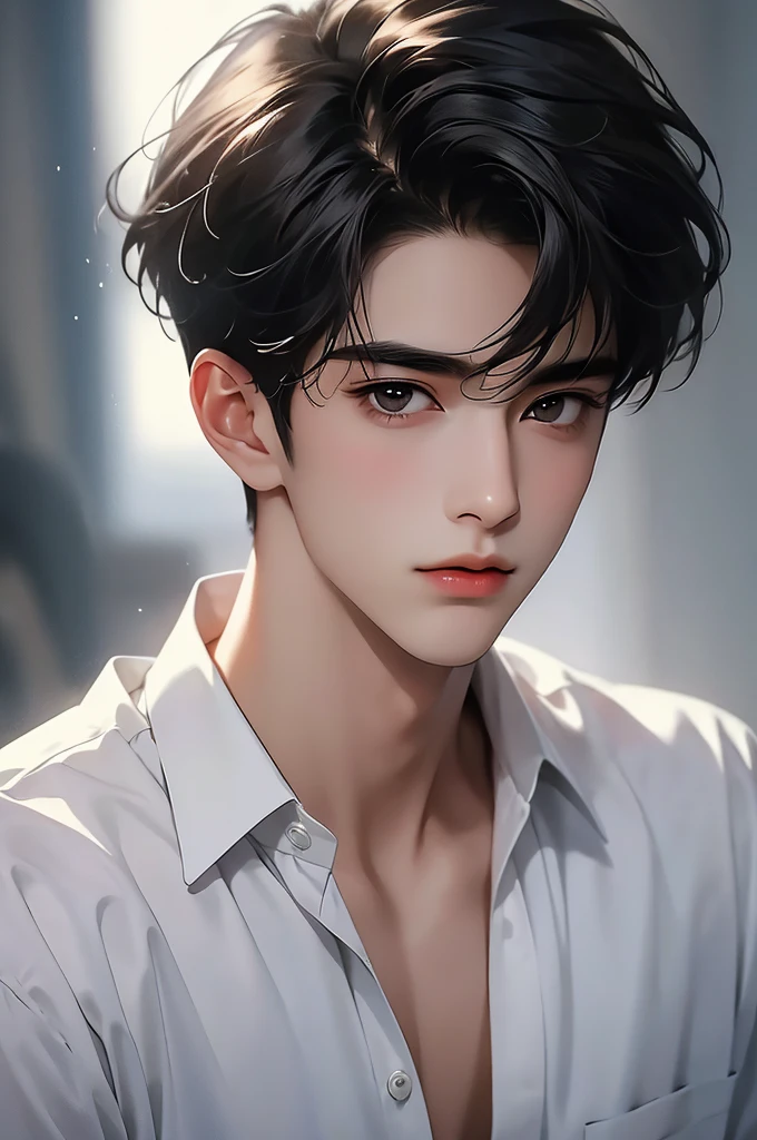 (masterpiece, best quality),1boy with black hair, looking at viewer, wearing white shirt,