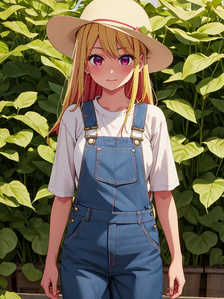 Ruby Hoshino , 1girl, as a farm girl, wearing a farm outfit with overalls and hat, at a vegetable farm, blonde hair, ruby Hoshino's amazing eyes, 8k, high detailed, high quality
