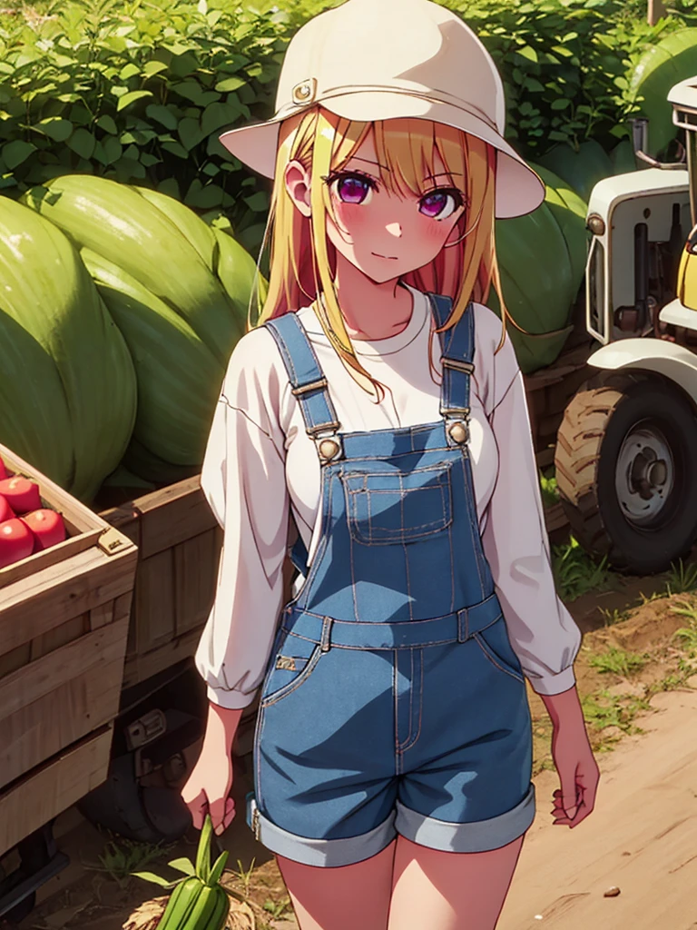 Ruby Hoshino , 1girl, as a farm girl, wearing a farm outfit with overalls and hat, at a vegetable farm, blonde hair, ruby Hoshino's amazing eyes, 8k, high detailed, high quality
