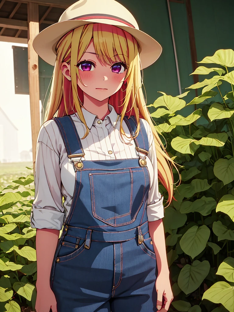 Ruby Hoshino , 1girl, as a farm girl, wearing a farm outfit with overalls and hat, at a vegetable farm, blonde hair, ruby Hoshino's amazing eyes, 8k, high detailed, high quality
