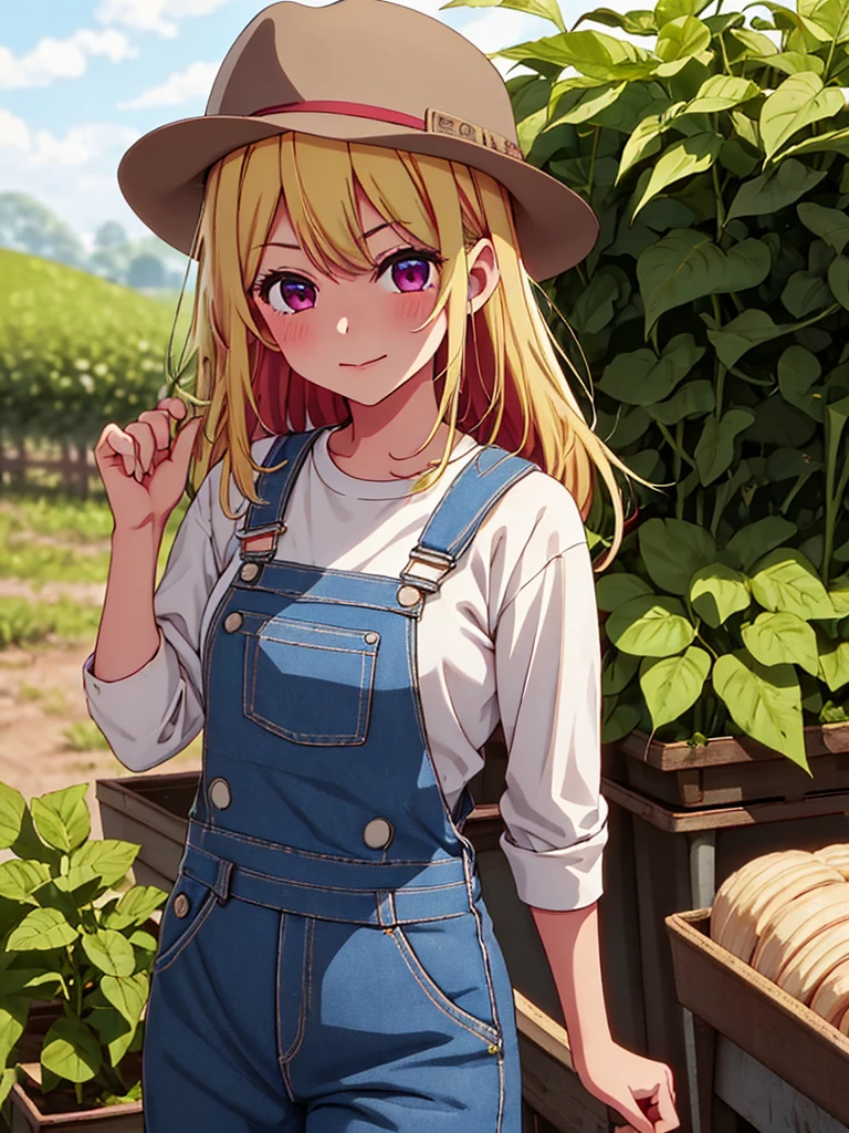 Ruby Hoshino , 1girl, as a farm girl, wearing a farm outfit with overalls and hat, at a vegetable farm, blonde hair, ruby Hoshino's amazing eyes, 8k, high detailed, high quality
