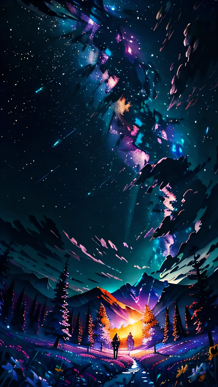 Vast landscape photography, (View from below。I can see the sky and the wilderness below.), A lawyer standing in a flower field looking up, (full moon: 1.2), (shooting star: 0.9), (nebula: 1.3), Distant Mountain, Treebreak Production Art, (Warm light source: 1.2), (fire Fly: 1.2), lamp, Purple and Orange, Exquisite detail, Volumetric Lighting Break (masterpiece: 1.2), (Highest quality ), 4K, Super detailed, (moving composition: 1.4), Extremely detailed and colorful (Iridescent: 1.2), (Sparkling Lights, Atmospheric lighting), dream-like, Magic, (alone: 1.2)