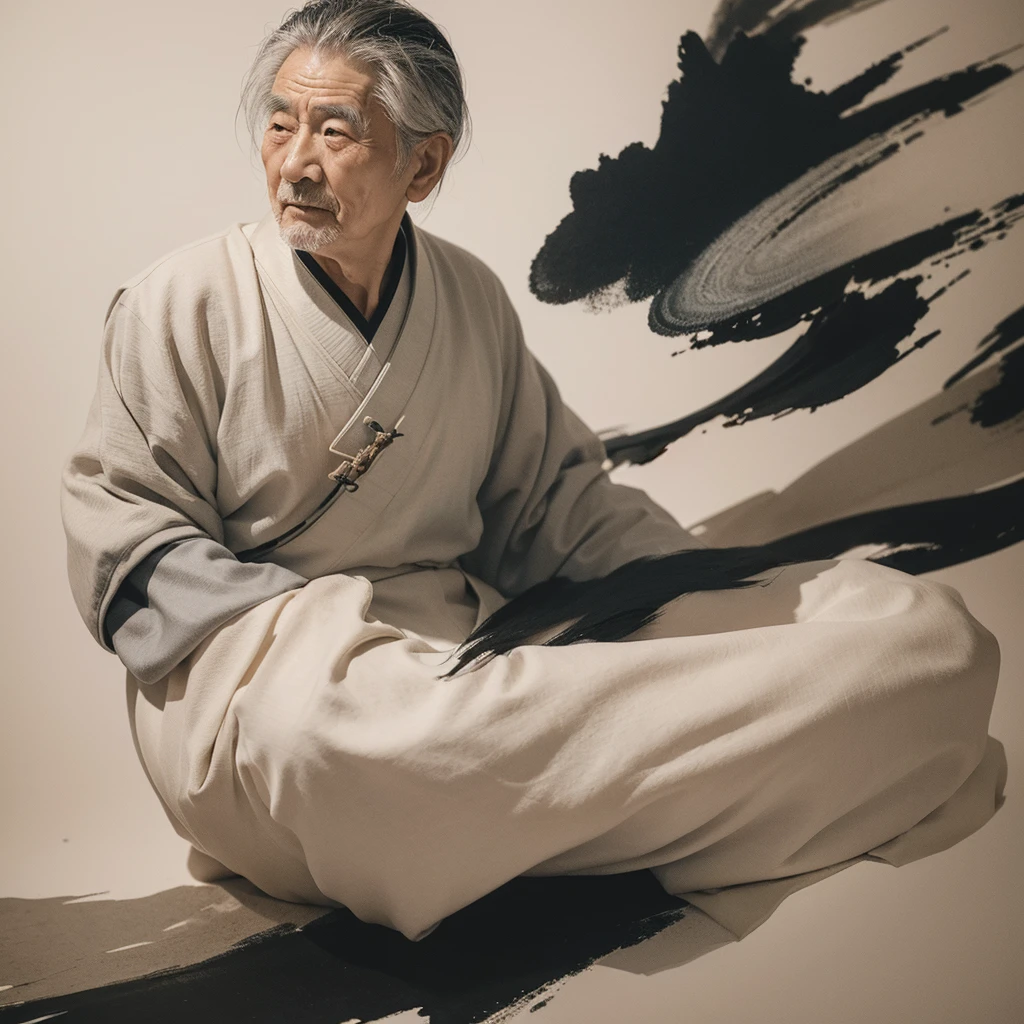 A traditional Chinese ink wash painting of a wise old man, with flowing brushstrokes and subtle gradients.