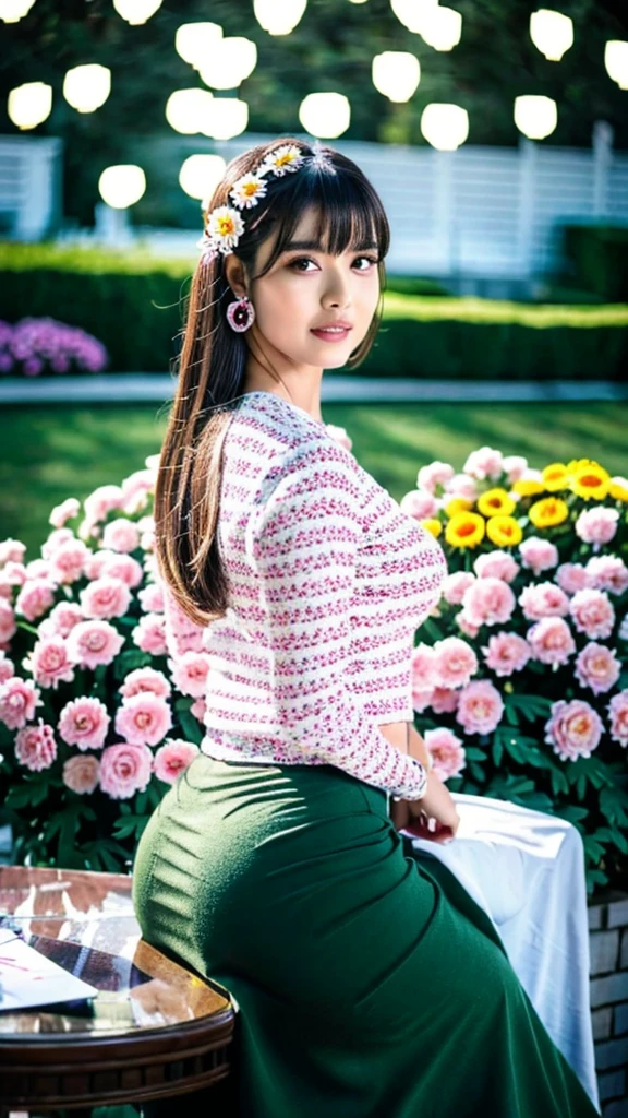 (best quality,4k,highres,masterpiece:1.5),ultra-detailed,(realistic,photorealistic,photo-realistic:1.37), beautiful girl 24 years old, beautiful detailed eyes,beautiful detailed lips,extremely detailed eyes and face,longeyelashes,1girl,illustration,soft lighting,vibrant colors,bokeh,romantic,dreamlike,ethereal vibe,Full Body Professional Photo, (Photo 4K:1.1) (Sharp Focus:1.1), High Detail, Woman in(beautiful chrysanthemum garden:1.2), Pretty Buttocks, long Hair, Instagram Pattern Pose, confident, slim girl, big tits:1.2, perfect anatomy, perfect symmetry:1.2, Realistic, realistic face:1.3, perfect face, content, confident, very detailed, and dramatic, cinematic lighting, Lighting scene, soft lights graceful movement, full body photography, (((masterpiece :1.5))), photoreal acmm ss outfit, wearing acmm top, light purple acmm top, short sleeves, buttons, wearing acmm long skirt, white and pink with printed acmm long skirt, acmm ls outfit, wearing acmm top, olive green acmm top, long sleeves, wearing acmm long skirt, olive green acmm long skirt, printed skirt,Sitting On Table , Perfect Butt