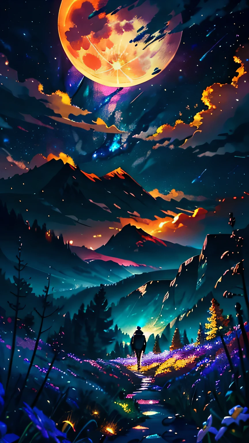 Vast landscape photography, (View from below。I can see the sky and the wilderness below.),  A lawyer standing in a flower field looking up, (full moon: 1.2), (shooting star: 0.9), (nebula: 1.3), Distant Mountain, Treebreak Production Art, (Warm light source: 1.2), (fire Fly: 1.2), lamp, Purple and Orange, Exquisite detail, Volumetric Lighting Break (masterpiece: 1.2), (Highest quality ), 4K, Super detailed, (moving composition: 1.4), Extremely detailed and colorful (Iridescent: 1.2), (Sparkling Lights, Atmospheric lighting), dream-like, Magic, (alone: 1.2)