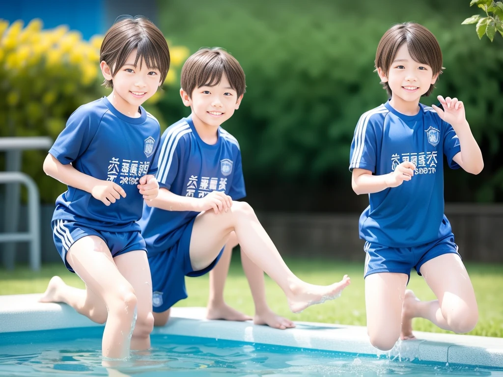 夏休みのprimary school校、Pool、primary school５Grade、Japan Boy、The water feels good、A good boy dripping with water、hot day、Two Boys、Various poses、Short sleeve gym uniform、Blue shorts、physical education、barefoot，（Boy 1.4）、Boys only 、(１０Age 1.４)