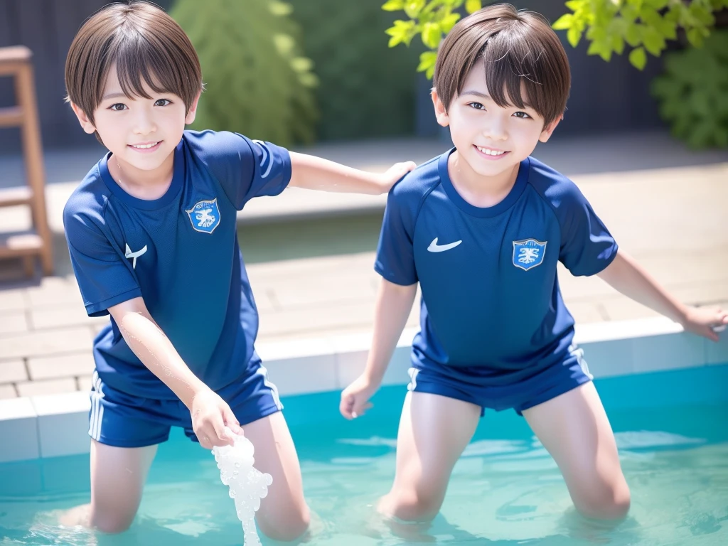 夏休みのprimary school校、Pool、primary school5Grade、Japan Boy、The water feels good、A good boy dripping with water、hot day、Two Boys、Various poses、Short sleeve gym uniform、Blue shorts、physical education、barefoot,(Boy 1.4)、Boys only 、(10Age 1.4)