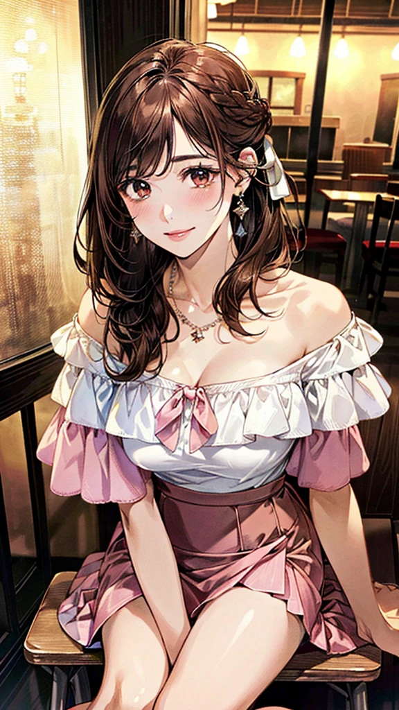 (masterpiece:1.3, Highest quality, Ultra-high resolution:1.2, Super detailed、8K), (Realistic, photoRealistic:1.4), Beautiful illustrations, Perfect lighting, colorful, Depth of written boundary, Beautiful detailed hair, Beautifully detailed face, Beautiful fine details, Droopy eyes、Beautiful clavicle, Beautiful body, 美しいLarge Breasts, Beautiful thighs, Beautiful feet, Beautiful fingers, View Viewer、Front view:0.6, Beauty1人, Japanese, Beauty、30 years old, Perfect Face, (Perfect Anatomy, Anatomically correct), Cute and symmetrical face, , , Shiny skin,(Pink off-shoulder blouse:1.4), ((Long skirt、Wraparound skirt:1.5)) 、(pumps:1.3)、(Dark brown hair, Updo Hair:1.4), braided bangs、Dark brown eyes, (Large Breasts, Slim body), necklace, Small earrings:1.1, (evening), Cafe、(Sitting on a chair、Holding a white mug in both hands、Drinking coffee:1.4)、 A soft smile、(Smile, Lips parted),