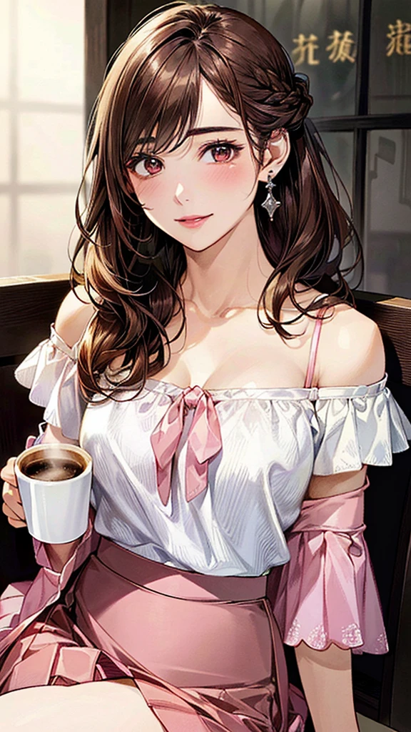 (masterpiece:1.3, Highest quality, Ultra-high resolution：1.2, Super detailed、8K), (Realistic, photoRealistic:1.4), Beautiful illustrations, Perfect lighting, colorful, Depth of written boundary, Beautiful detailed hair, Beautifully detailed face, Beautiful fine details, Droopy eyes、Beautiful clavicle, Beautiful body, 美しいLarge Breasts, Beautiful thighs, Beautiful feet, Beautiful fingers, View Viewer、Front view:0.6, Beauty1人, Japanese, Beauty、30 years old, Perfect Face, (Perfect Anatomy, Anatomically correct), Cute and symmetrical face, Baby Face, , Shiny skin,(Pink off-shoulder blouse:1.4), ((Long skirt、Wraparound skirt:1.5))  、(pumps:1.3)、(Dark brown hair, Updo Hair:1.4), braided bangs、Dark brown eyes, (Large Breasts, Slim body), necklace, Small earrings:1.1, (evening),  Cafe、(Sitting on a chair、Holding a white mug in both hands、Drinking coffee:1.4)、 A soft smile、(Smile, Lips parted),
