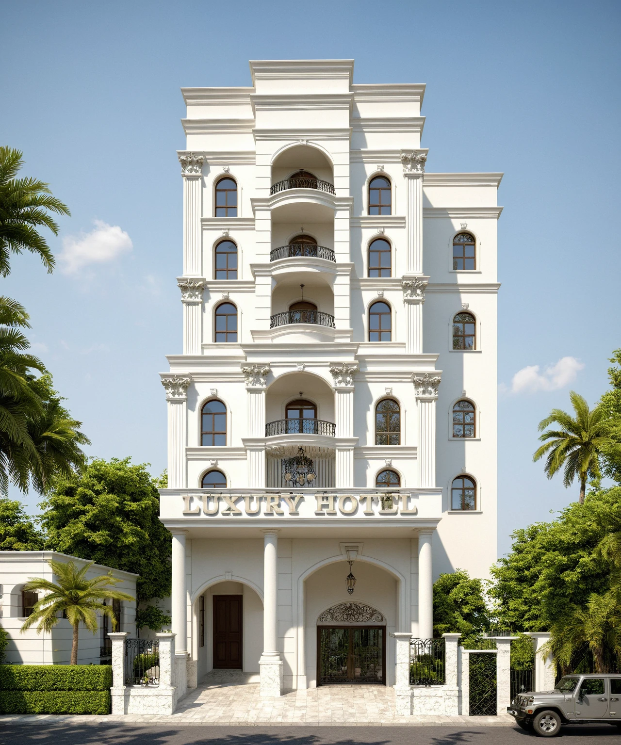 neoclassic house, exterior design, (white wall:1.3), Pair of Italian Neo-Classic Style White Railings, (hip and valley roof), Neoclassical design with complete detailed motifs, Neoclassical design completes the house with the most complete plan of facades and corners around the house, (emphasis on neo-white details), (reflection glass Tree shadow scattering), window, (focus on object), exterior design, perspective view, (white wall), (fence reverse lights), (Warm LED 4000k white tone, Clean and comfortable, timeless, making the space appear clear, (architectural design visualization), (focus on object), (material normal bump real reflection), (chao vantage software visualization render),(((Best Quality))), ((Masterpiece)), ((best illustration)), ((best shadows)), ((Super Detail)), (Intricate lines), (Photorealism),(hyper detail), ((archdaily)), ((award winning design)), (dynamic light), ((dawn sun light )), (perfect light), (shimering light), ((photorealistic)), ((intricate detail)), ((extreme detail)), ((crazy detail)), ((octane render)), ((trending on artstation)), ((High-fidelity)), ((Viwvid)), ((Crisp)), ((Eye-catching)), ((High-quality)),((Sharp)), (dawn sun environment)), ((Eye-catching)), ((Illuminating)), ((Flawless)), ((High-quality)),((Sharp edge render)), ((medium soft lighting)), ((photographic render)), ((detailed archviz)), ((reality environment)), (neoclassic house design architectural design facade), (neoclassic house facade roof design), (neoclassic house facade wall design), (neoclassic house facade decoration material design) (neoclassic house facade door and window design), (neoclassic house facade lighting design),  (Neoclassical house material design motif), (level of photo realism, depends on lighting, materials, composition, Real-Time Rendering, based on chao vantage timage rendering graphics software)