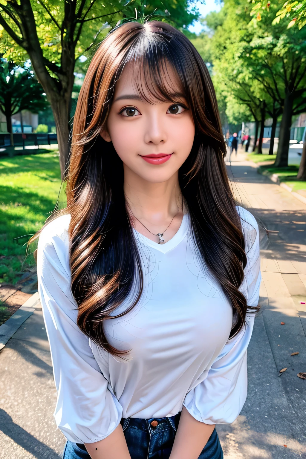 seed;88117315,((Full Body Angle))、((Front hair:1.3))、((Highest quality, 8K, masterpiece: 1.3)), concentrated: 1.2, Cute girl 1,Nipples erect、 Perfect beauty: 1.4,Cut and sewn T-shirt Raglan sleeve summer short sleeve T-shirt.Shorts: 1.2,Long sleeve、Randall Color、comics＆Text Graphics、Black ruffle-trimmed drawstring zip blouse,1.1, Highly detailed face and skin textures, Fine grain, double eyelid, whitening skin, ,Highest quality,Ultra-high resolution,you,1 girl,alone,_Shiny_skin,Iris,necklace,((brown_length_Wavy_hair)),(lips)),eyelash,Front hair,deal with,compensate,Shiny,pore,skin,Large Breasts、((smiling face))、Walking in the park、walk、