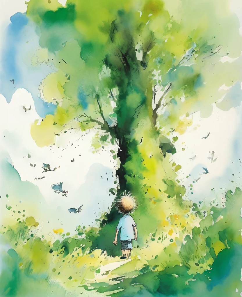 Quentin Blake style photo 、The morning when the sky was so blue that the white clouds disappeared、Portraiture、High resolution、The green forest shines white、Highest quality、masterpiece、Very detailed