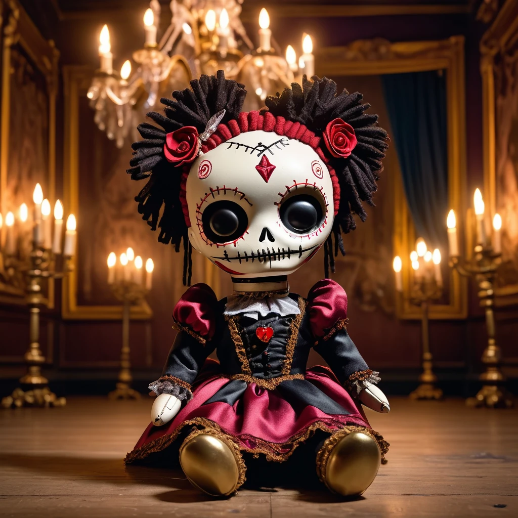 (Knitted toy doll voodoo:1.9), (Voodoo Gothic rich:1.3), (Classic costume with Gothic elements and lace cuffs:1.0), (in the hands of a magic wand with a gold coin at the end:1.9), (against the background of gold coins :1.3), best quality, masterpiece, detailed soft oil painting, detailed background, dramatic cinematic lighting, soft edge lighting, professional, dramatic lighting, hard edge lighting, ultra quality, 4k, masterpiece, best quality, 8k, ultra high definition, high resolution, extremely detailed