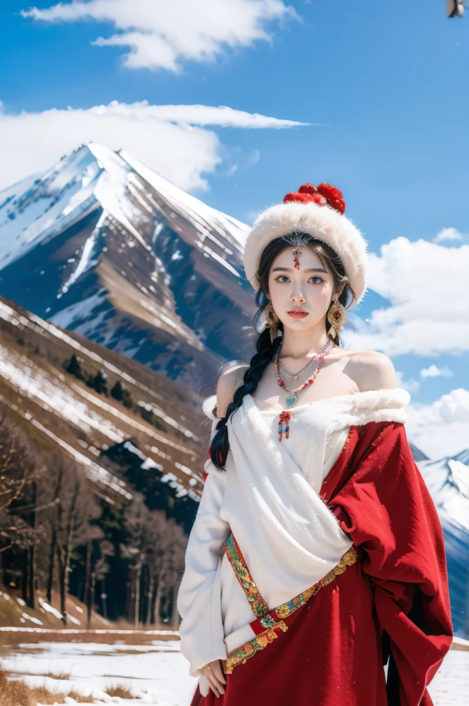 (masterpiece, best quality:1.2),red Tibetan clothing,1 Tibetan girl, blue sky, cloud, cloudy sky, day, earrings,Plush hat, horizon,Tibetan Earrings,jewelry,necklace, lips,snow mountain, outdoors, parted lips, red lips, solo,flat chest,(upper body:1.2),standing,(arms behind back:1.2),(from front:1.2)