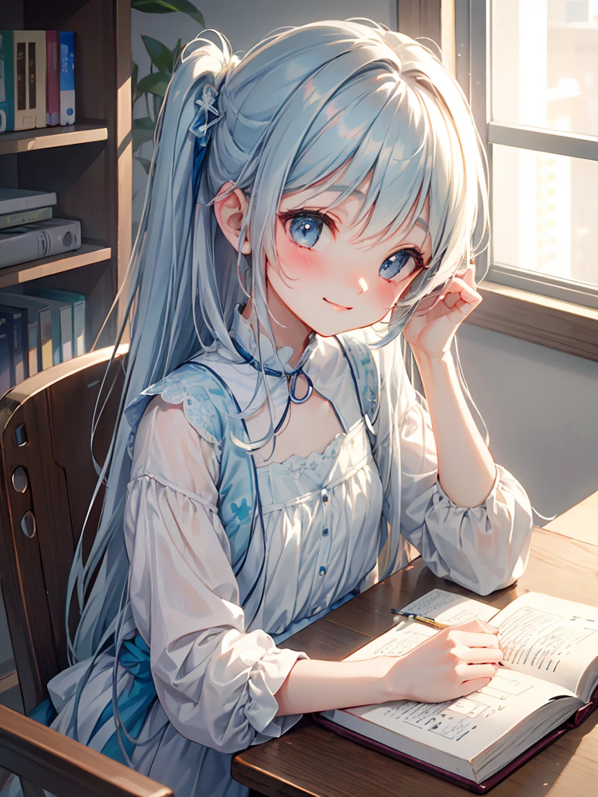 masterpiece, best quality, extremely detailed, (illustration, official art:1.1), 1 girl ,(((( light blue long hair)))), ,(((( light blue long hair)))),light blue hair, , long hair ((blush)) , cute face, big eyes, masterpiece, best quality,(((((a very delicate and beautiful girl))))),Amazing,beautiful detailed eyes,blunt bangs((((little delicate girl)))),tareme(true beautiful:1.2), sense of depth,dynamic angle,,,, affectionate smile, (true beautiful:1.2),,(tiny 1girl model:1.2),)(flat chest), 1girl, (masterpiece, best quality, ultra detailed, 4K:1.5), ultra-detailed background, 1 girl, 1 man, from above, focus upper body, (((headpat))), BREAK kleedef, kleernd, cute face, smile, pointed ears, very happy, sitting, studying at a desk, BREAK in the library, {Illustration}, {{Very delicate and beautiful}}, Classroom (school desk), On de、sk (textbook, notebook, mechanical pencil, Pencil case) 1 girl (small build, short limbs, , in front of desk), round face,textbook、(((Concept_Headpat)))