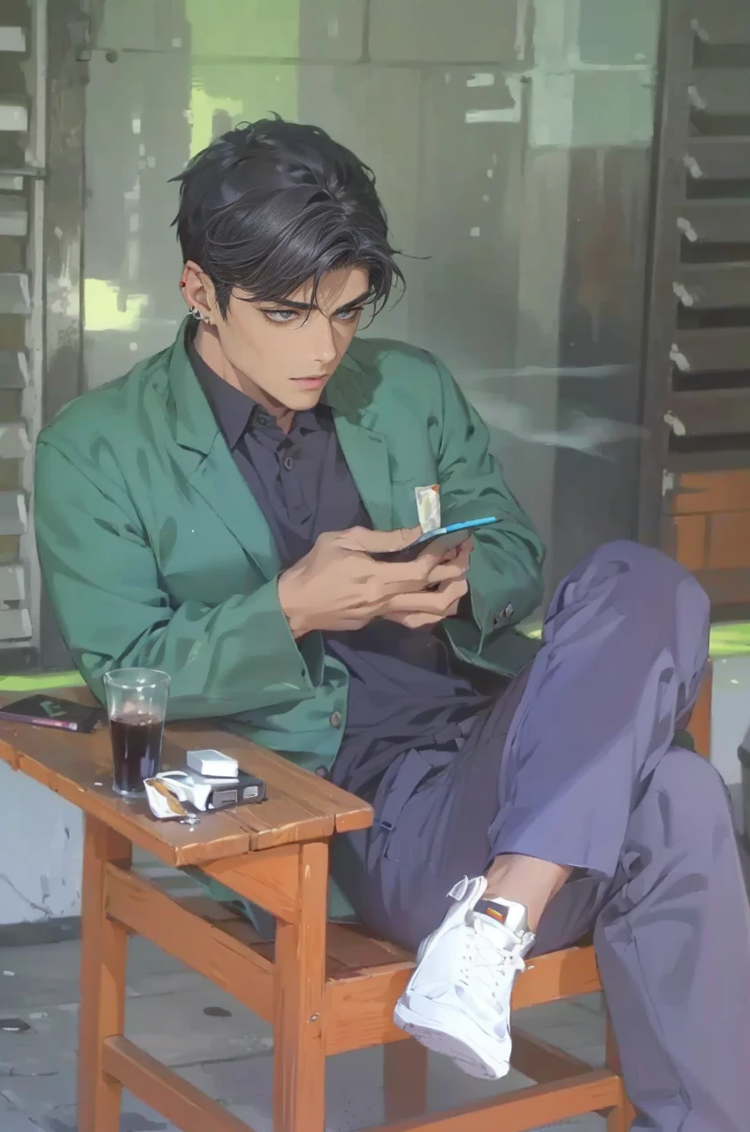 (masterpiece, best quality, highres, ultra-detailed), 1man, male focus, spiky black hair, grey eyes, handsome, detailed eyes and face, male body, earrings, ear piercing,  unbuttoned black blazer, white shirt, trousers, bare collarbones, chain necklace, city slums background, by amano akira, full body, cigarette, cigarette smoke, guy smoking,1guy, masterpiece