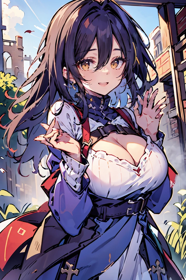 (masterpiece:1.2), (high quality:1.2), (hui xiyi:0.65), rekkyo sensen, rekkyou sensen, girls with((black hair, (tits cleavage:1.15), (waving is hands:1.2), (breasts close up:1.15), (suspenders:1.2), (dress:1.65), (blue clothes:1.05), (belts:0.7), (frills shirt:1.2), (white knit sweater:1.2), (frills camisole:1.2), exposed breasts, straps, (cross:1.05), (long wavy hair:1.2), (one side up:1.2), nun, long sleeves, (perfect hands:1.05), (five fingers:1.05))), background with((fantasy world, ruin, castle, beautiful sky, shining sky, sunshine))