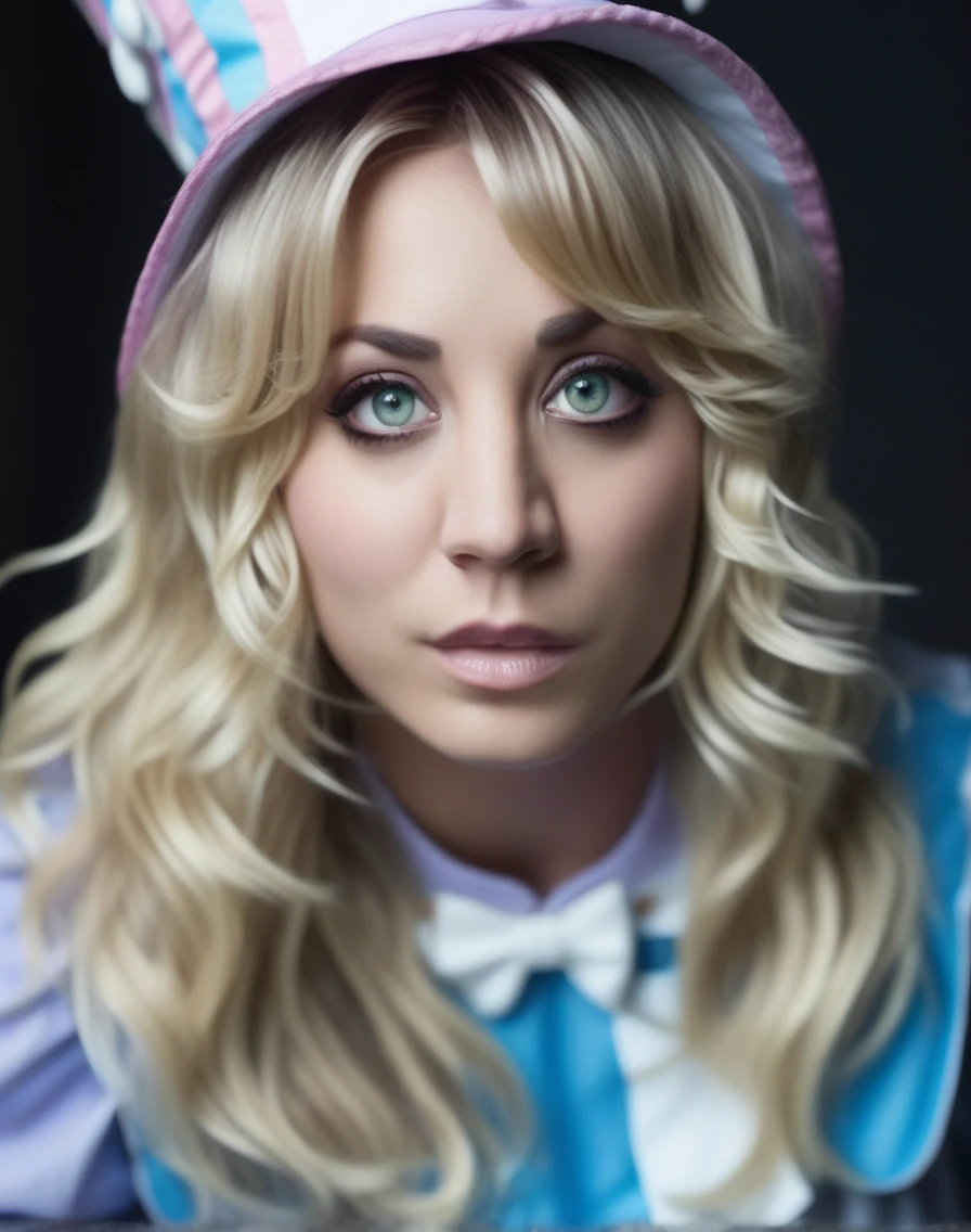 KaleyCuoco,High Quality, Intricately Detailed, Hyper-Realistic cosplay Alice in wonderland,  Portrait Photography, Volumetric Lighting, Full Character, 4k