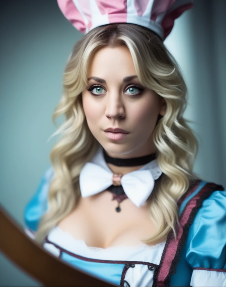 KaleyCuoco,High Quality, Intricately Detailed, Hyper-Realistic cosplay Alice in wonderland,  Portrait Photography, Volumetric Lighting, Full Character, 4k