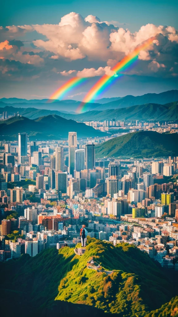 there is a rainbow in the sky over a beach with rocks and pebbles, an illustration of by Igor Grabar, trending on shutterstock, fine art, seashore, magical beach, sunny rainbow galaxy stormy sea, colorful hd picure, near the seashore, rainbow reflections, just one rainbow 8 k, beach landscape, still of rainbow ophanim, calm vivid colors a view of a city with tall buildings and a green park, a picture by Naondo Nakamura, unsplash, sōsaku hanga, tokyo japan,    there are two people climbing up a mountain with a view of the clouds, a detailed matte painting inspired by Michael Komarck, unsplash, romanticism, chamonix, photo epic of the year, max rive, breath taking, epic stunning atmosphere, national geographic footage, rise above clouds, stunning skied, above the clouds, gopro footage tokyo city, tokyo city in the background, tokio, tokyo, japanese city, tokyo prefecture, new tokyo, aerial view of a city, tokyo in the background, bird's eye view of a city