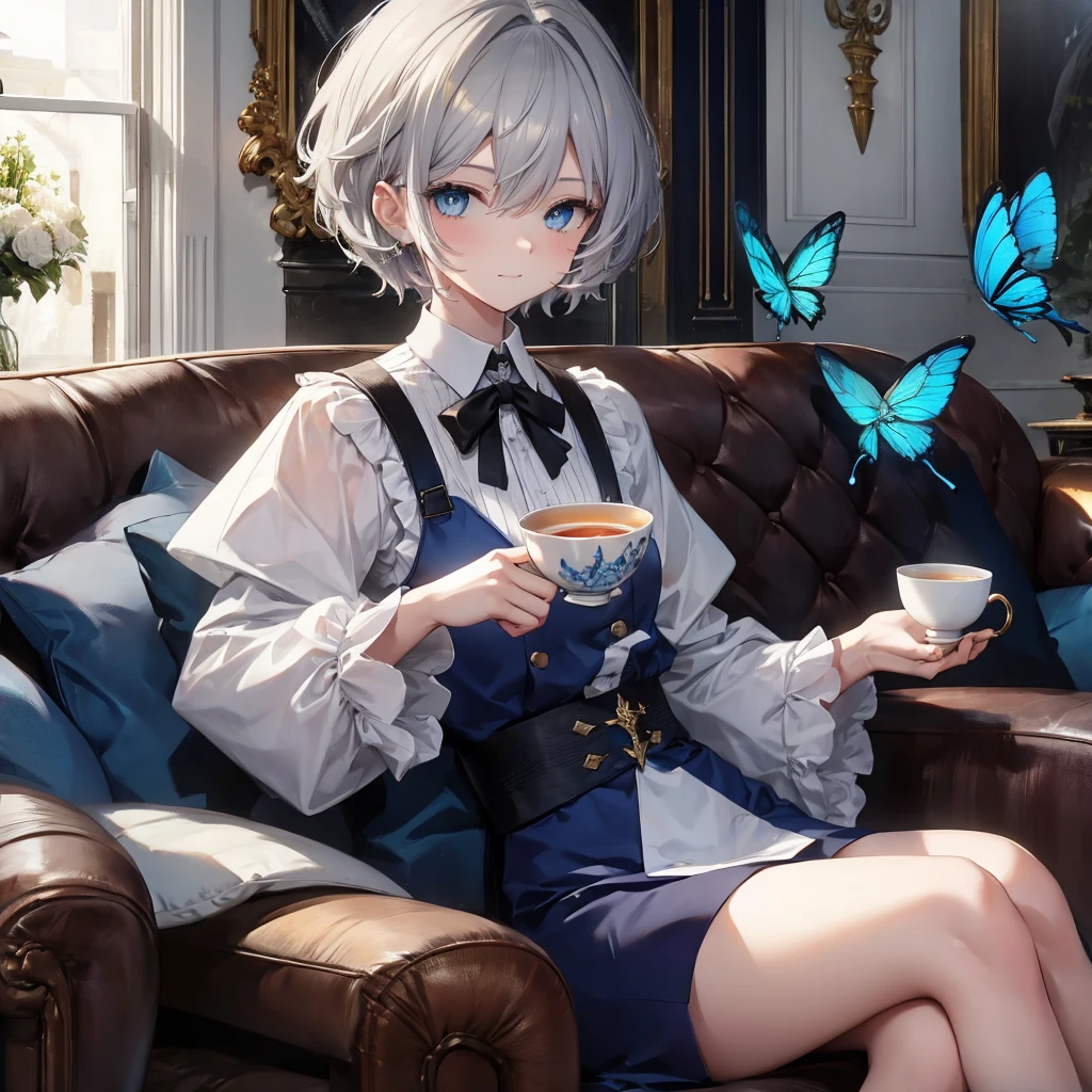 (((1 person　Gray Hair　Gold-edged sofa　blue eyes)))　((High resolution　short hair　Noble clothes　Rin々Funny face　Cat))　((Close-up))　((Blue Butterfly　Asahi　Shining Aura　Holding a cup　Drinking tea))　(smile　Bathed in light)　Shining Background　Shining Edge