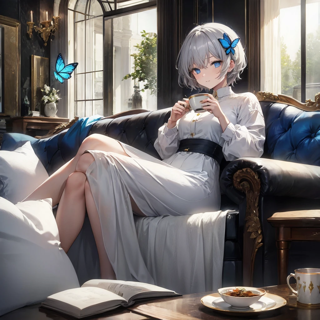 (((1 person　Gray Hair　Gold-edged sofa　blue eyes)))　((High resolution　short hair　Noble clothes　Rin々Funny face　Cat))　((Close-up))　((Blue Butterfly　Asahi　Shining Aura　Holding a cup　Drinking tea))　(smile　Bathed in light)　Shining Background　Shining Edge