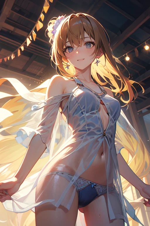 (from below:1.2),(from side:0.9), (Close-Up:0.6), highest quality、(real、photorealistic:1.4)、(RAW photo:1.2)(Curve,Model,glamor:1.5),Beautiful breasts,colour_aberration,beautiful detailed shadow,Beautiful eyes,Beautiful body,Beautiful skin,beautifull hands,(medium_breasts:1.5),1 girl in, (perky chest:1.2), (pointed chest:1.2), dark bronde hair,long hair,side ponytail,hair between eyes,bangs,Purplish brown eyes that dreamers desire, (Blonde hair) , small stature, Colossal tits, Lori, (masutepiece:1.2, Best Quality), (finely detailed beautiful eye: 1.2), (beautifull detailed face), (Best Illumination, extremely delicate and beautiful), ((Cinematic Light)), Dramatic light,Ultra Contrast、Braid a little around the ears, clavicle, red long dress、only has 5 fingers,Her pussy is visible through the see-through white thong、Wet pants、You can see inside your underwear、full of sweat、mocking look、diaper、nffsw,Arms crossed、grab the arm、Shoot from below、The angle is as seen from below.、Best Quality、Large breastuscular pussy:1.2、Pubic hair,high-level image quality、hightquality、8K,perfect hand、5 fingers、finger pin、Perfect Finger、see-through T back、Naked、noise cut、bullet hand、Her hair color should have been a brighter brown,The skirt part is also carefully expressed,brown skirt、the skirt is floating in the wind:1.3、see-through purple panties、Pubic hair majority,(with sparkling eyes and a contagious smile),her thin pubic hair:1.2, looking at viewer