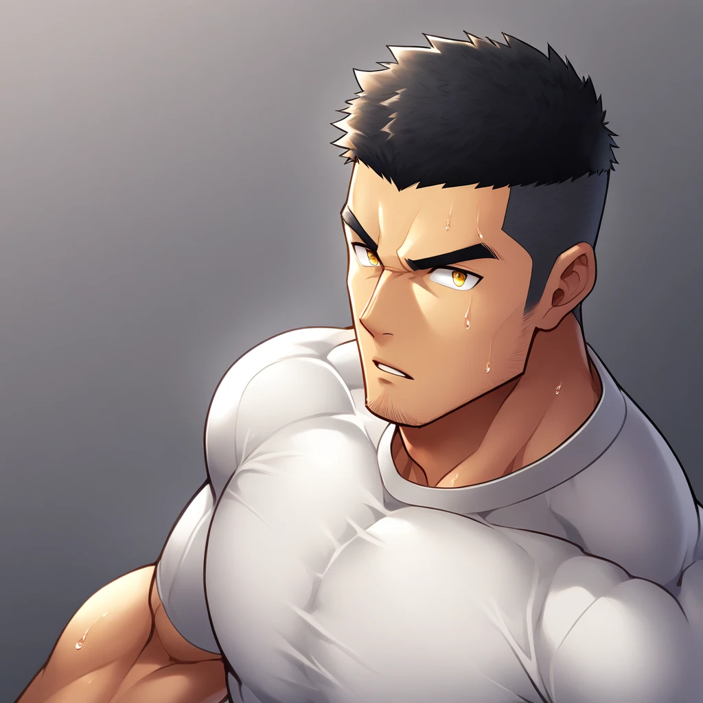anime characters:Gyee, Muscle Sports Student, 1 muscular tough guy, Manliness, male focus, Close-up of the side, Light yellow high collar long sleeve tight T-shirt, Very tight, The clothes were soaked with sweat, The pectoral muscles are oversized, Slightly transparent, muscular male, muscular, only, Upper body, alone, Black short hair, Thick eyebrows, stubble, Yellow eyes, Grey background, simple background, amazing quality, best aesthetics, Ridiculous, bright pupils, crew cut, parted lips, v-shaped eyebrows, jitome, disdain, drop shadow, best quality