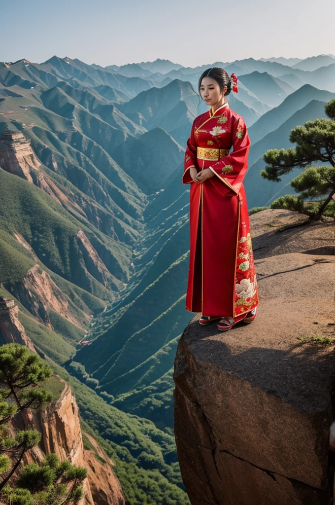 An image of a woman dressed in traditional Chinese clothing standing on a cliff.