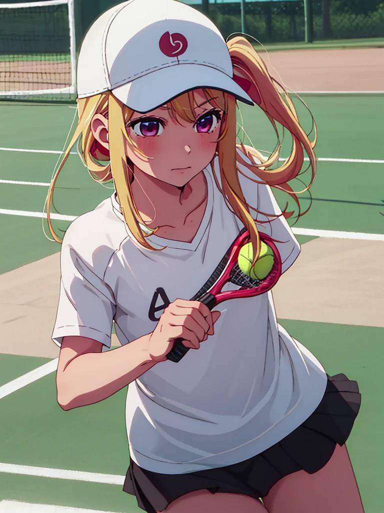 Ruby Hoshino , 1girl, as a tennis player girl, wearing a tennis shirt and skirt and cap, at a tennis court , blonde hair, ruby Hoshino's amazing eyes, 8k, high detailed, high quality
