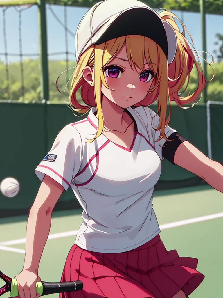 Ruby Hoshino , 1girl, as a tennis player girl, wearing a tennis shirt and skirt and cap, at a tennis court , blonde hair, ruby Hoshino's amazing eyes, 8k, high detailed, high quality
