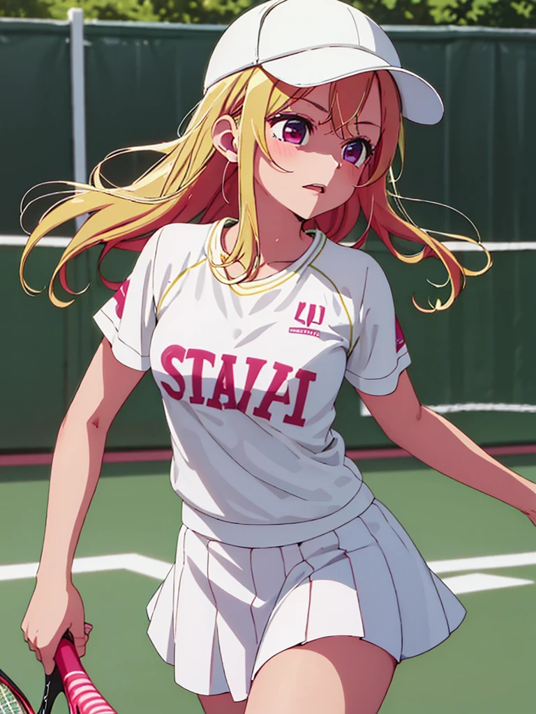 Ruby Hoshino , 1girl, as a tennis player girl, wearing a tennis shirt and skirt and cap, at a tennis court , blonde hair, ruby Hoshino's amazing eyes, 8k, high detailed, high quality
