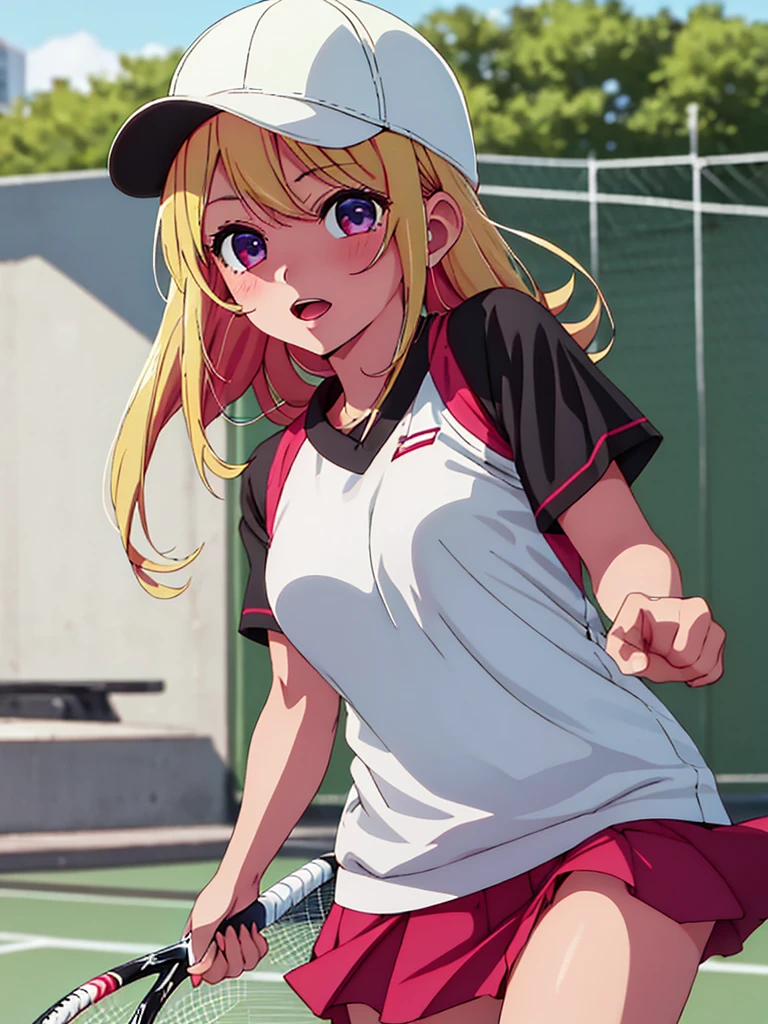 Ruby Hoshino , 1girl, as a tennis player girl, wearing a tennis shirt and skirt and cap, at a tennis court , blonde hair, ruby Hoshino's amazing eyes, 8k, high detailed, high quality
