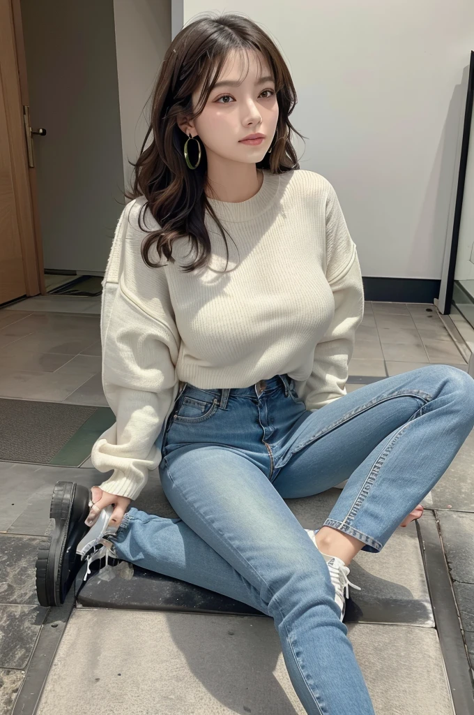 (masterpiece:1.2, Highest quality), 1 Female, alone, Upper Body, Big Breasts, dark wash skinny jeans, Oversized sweater, Ankle boots, Loose waves, Center Part, Simple hoop earrings, green park