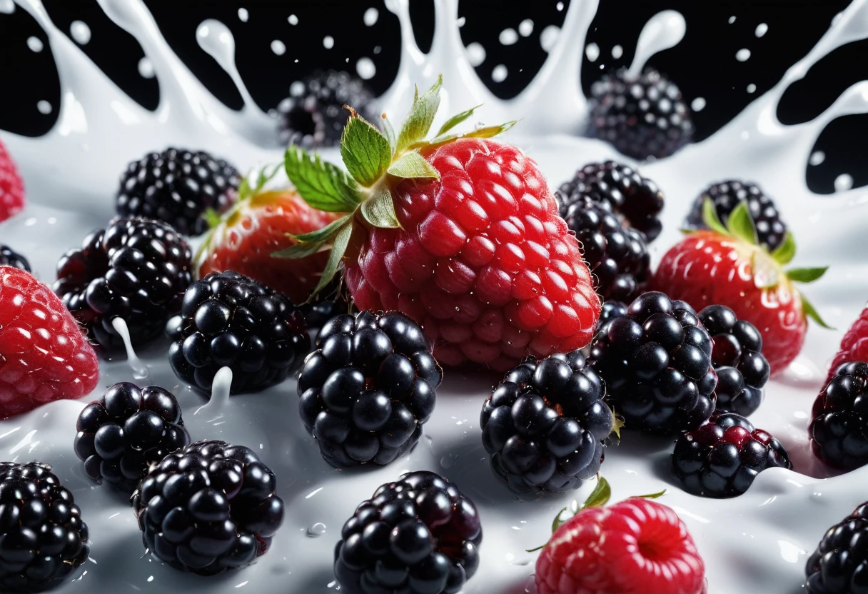 Commercial Photography, Powerful white breasts, A giant blackberry at the center of the explosion、raspberry、strawberry、blueberry、cherry, White lighting, Studio Lighting, 8k Octane Rendering, high resolution photography, Fine details, Extremely detailed, On an isolated black plain, Image, Professional color correction