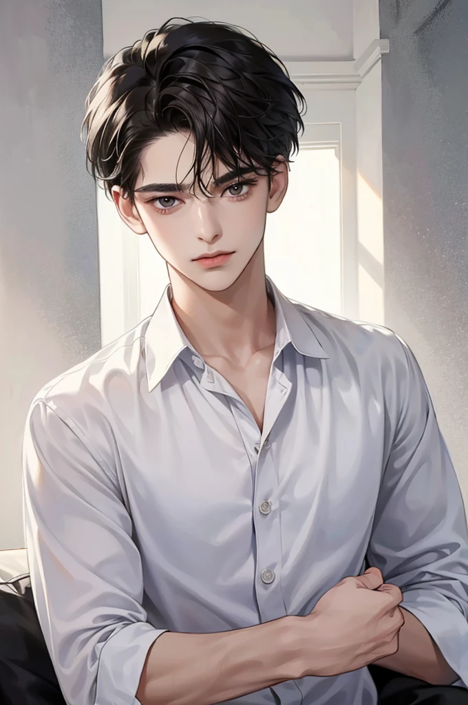 (masterpiece, best quality),1boy with black hair, looking at viewer, wearing white shirt, half body,