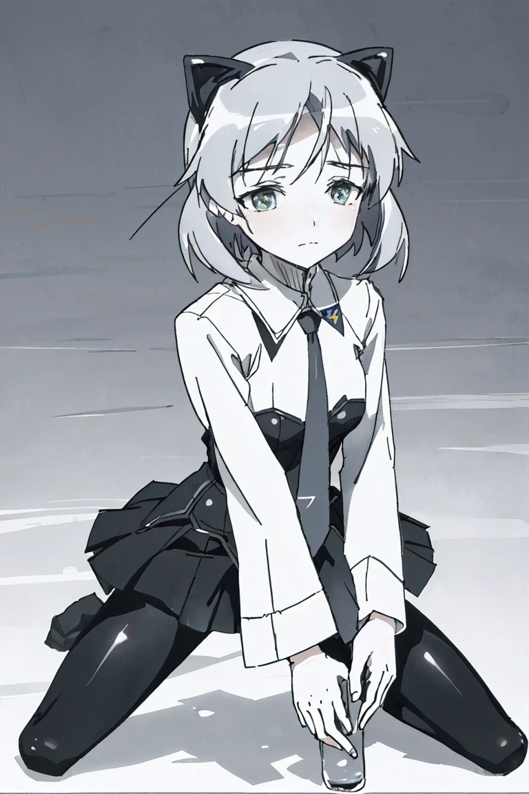 One Girl,Line art,Monochrome,sketch,Pencil drawing,((Strike Witches))、((close your eyesる)),，(((Wide-open legs)))、(((close your eyes)たCrying face))、　Silver Hair、、Slim figure，thin height、，elementary school girl、, girl、Long Hair，Small face，Emaciated，thin、Black tights legs，、Legs wide open、Legs wide open、、，Crying face,bondage、Tied Up、shibari、Face is gloomy，Gloomy face、，Small breasts，Small breasts、とてもSmall breasts，Extremely Small breasts、、Adorable，Adorable、，uniform、The legs are very thin，legs are very thin、The best quality in the best condition，Highest quality、，masterpiece