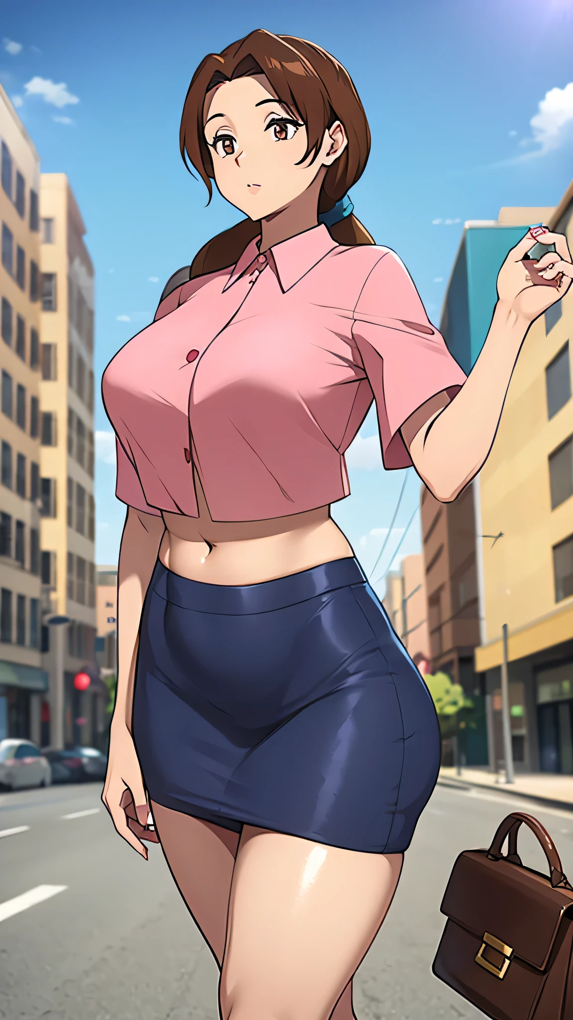 A girl with light skin, sexy, cute, leaders, long brown hair, her brown eye, wears a pink button-down blouse, shows her navel, and a short blue skirt, black shoe, and she travels, flying, sky, city background.