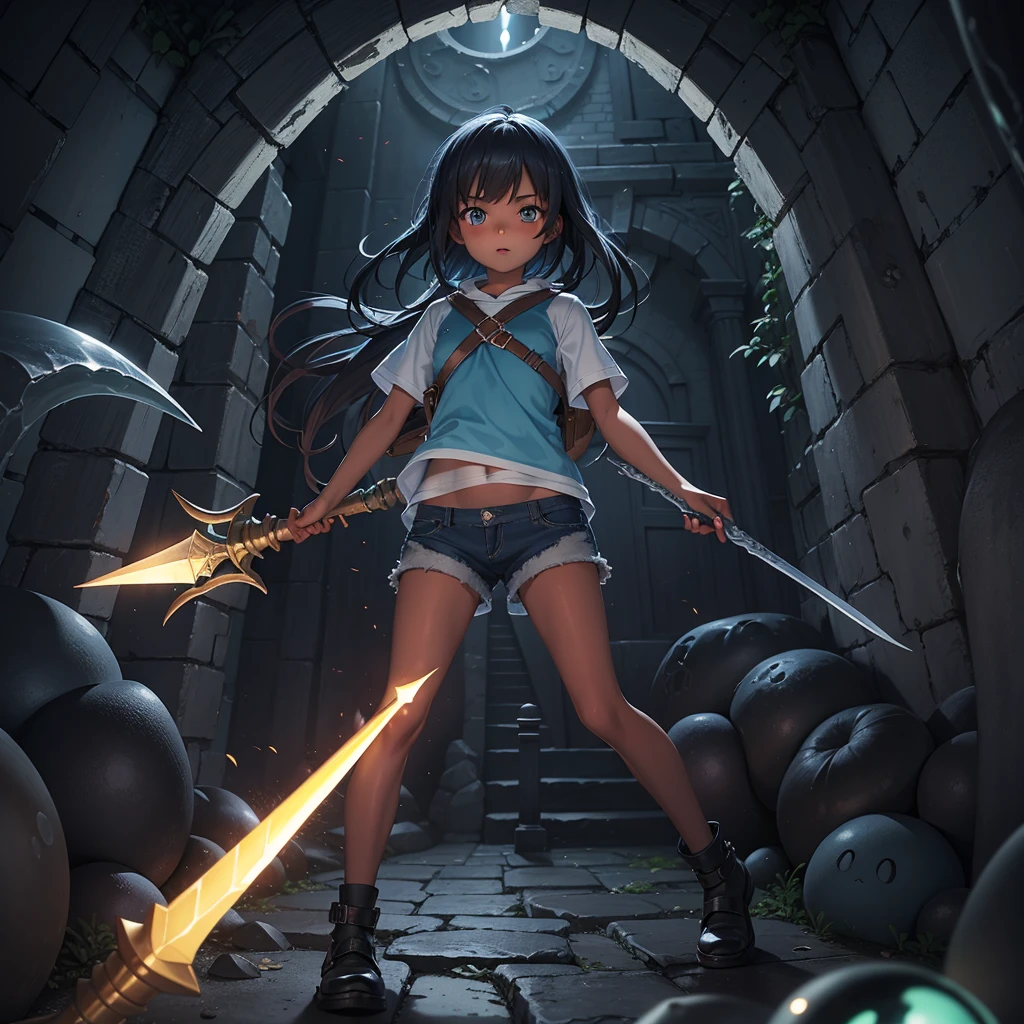 最high quality、high quality、Simple cloth clothing、１０Year-old girl adventurer、Descend the maze stairs、Shorts、Equipped with a dagger and a shield、In a dark maze、The body is being swallowed by slime