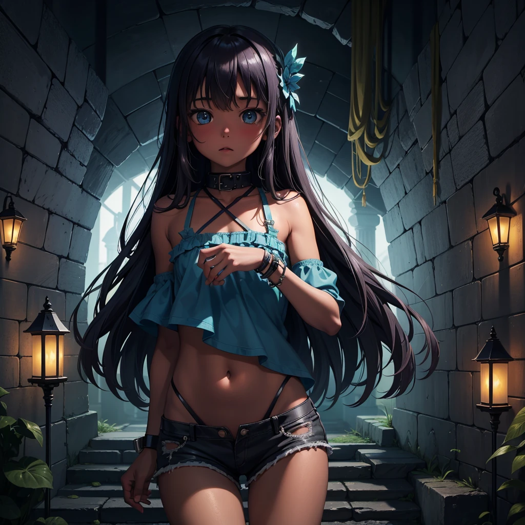 最high quality、high quality、Simple cloth clothing、１０Year-old girl adventurer、Descend the maze stairs、Shorts、Equipped with a dagger and a shield、In a dark maze、The body is being swallowed by slime