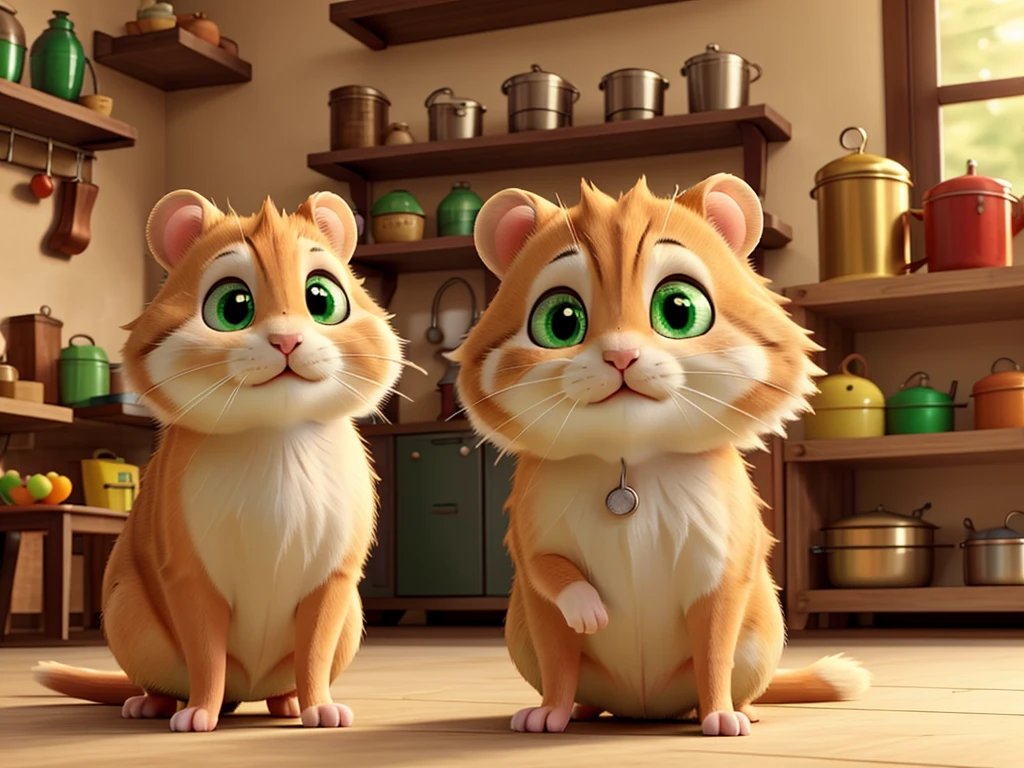 Hamster, soft fur, orange, green eyes, illuminated face, 4 paws, long whiskers, intelligent face, with the kitchen in the background; a mouse is near the cupboard.