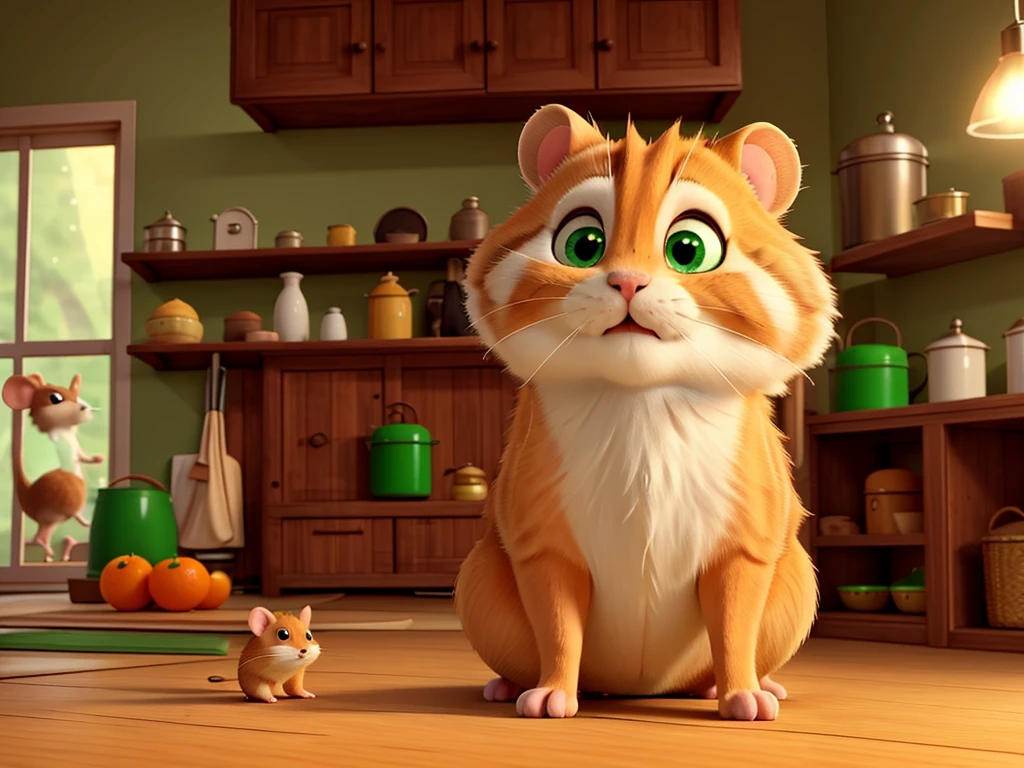 Hamster, soft fur, orange, green eyes, illuminated face, 4 paws, long whiskers, intelligent face, with the kitchen in the background; a mouse is near the cupboard.