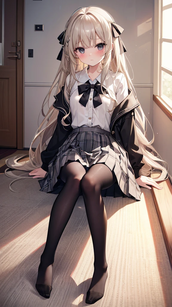 (8K、Best image quality、Highest quality、masterpiece)、One tall girl、((whole body))、Sit on the floor with your legs spread、White panties are visible、Long Hair、Wavy Hair、blush、Medium Bust、White collared shirt、Short sleeve、((Checkered pleated mini skirt))、Classroom Background、((black tights))、Black Pantyhose、((No shoes))