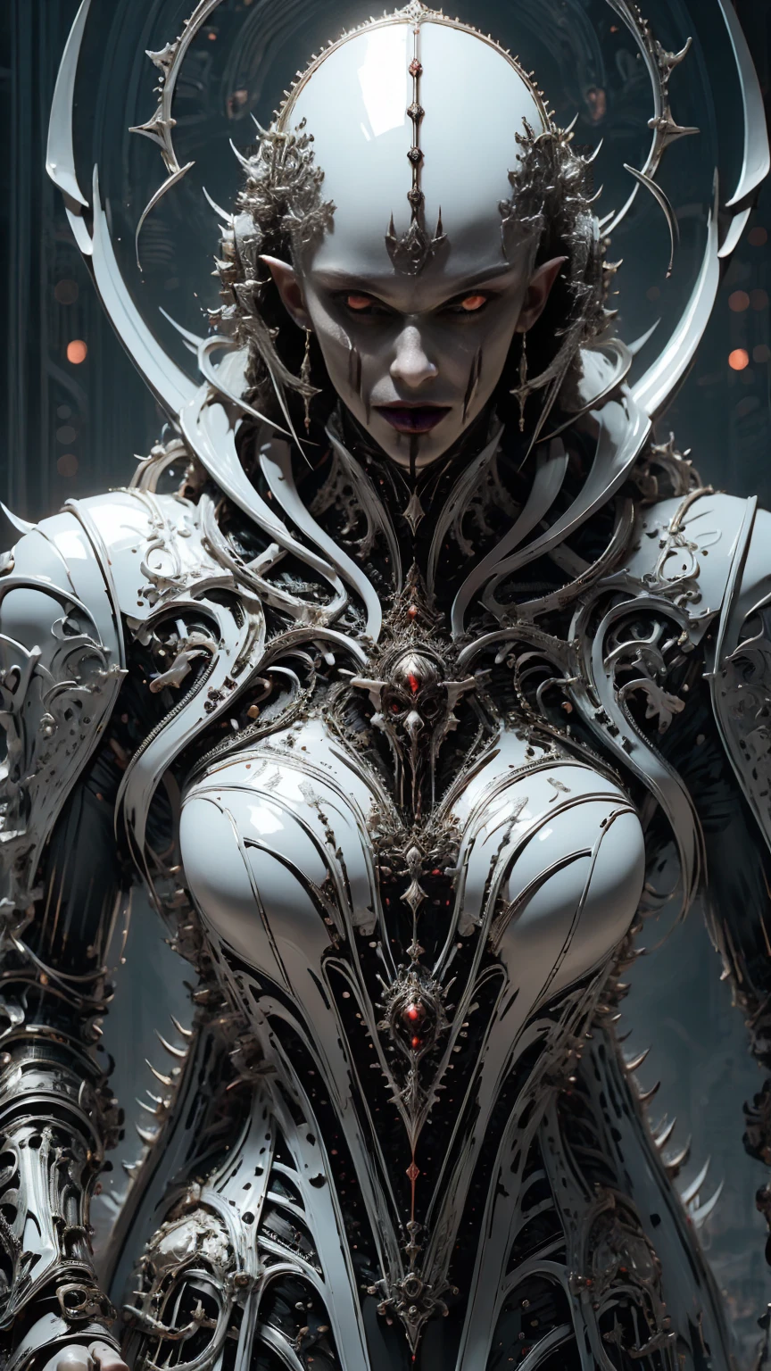 (masterpiece:1.1), (best quality:1.1), (ornate:1.1), (monochrome:1.3), (black and red:1.3), BREAK, (horror:1.0), (esoteric:1.1), (solo:1.4), (dynamic angle:1.0), (cowboy shot:1.0), (woman:1.1),(very muscular bodybuilder girl:1.25), (huge upper body:1.25), (narrow hips:1.0), long hair, (gothic intricate vampiric armor:1.25), ((full body front view)), (gauntlets:1.0), (shoulder armor:1.1), ((tarot style frame:1.25)), (glowing red eyes:1.25)